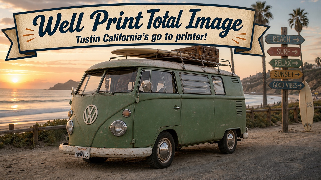 Well Print Total Image — a vintage green VW bus parked on a Tustin, California beach at sunset beside a wooden surf directional sign